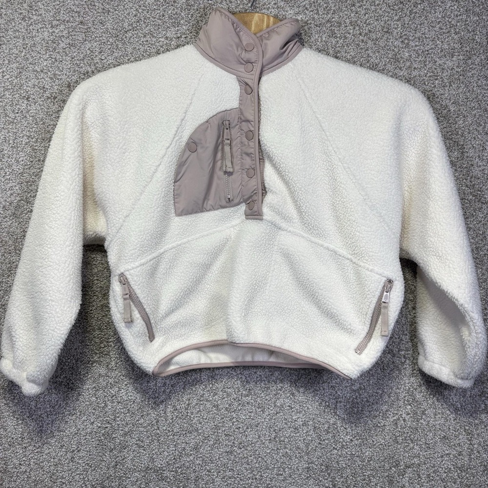 FP Movement Jacket Womens S/M White Fleece Cropped Pullover Pockets Oversized